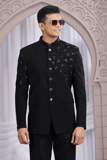 Fancy Fabric Black Sangeet Wear Readymade Men Stylish Indo Western Jodhpuri Suit