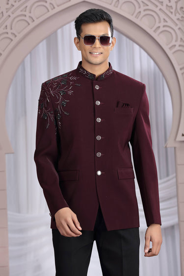 Fancy Fabric Wine Wedding Wear Readymade Designer Men Indo Western Jodhpuri Suit
