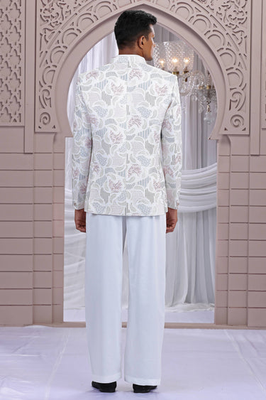 Off White Gorgeous Art Silk Wedding Wear Readymade Indo Western Jodhpuri Suit For Men