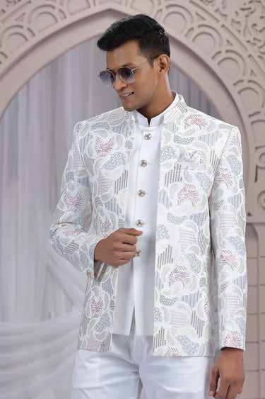 Off White Gorgeous Art Silk Wedding Wear Readymade Indo Western Jodhpuri Suit For Men