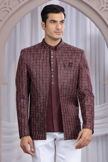 Wine Art Silk Graceful Readymade Men Indo Western Jodhpuri Suit