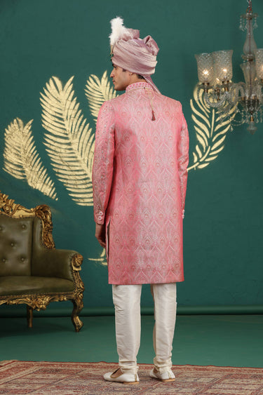 Pink Banarasi Jacquard Wedding Wear Readymade Sherwani For Men With Stole