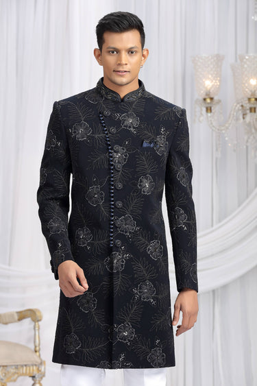 Navy Blue Art Silk Readymade Indo Western For Men