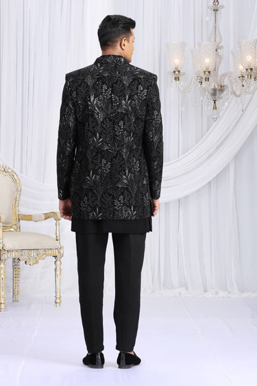 Black Velvet Silk Readymade Indo Western For Men