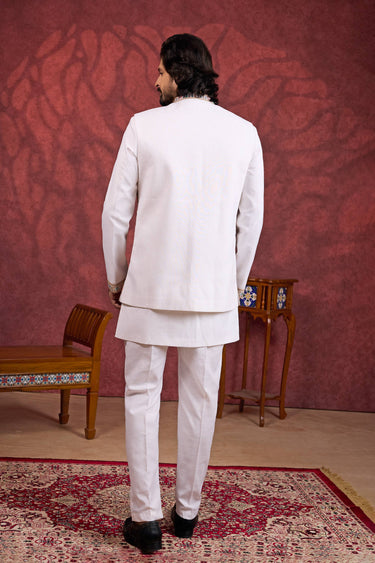 Art Silk Off White Function Wear Kurta Pyjama With Jacket For Men