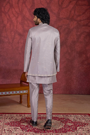 Art Silk Embroidered Grey Function Wear Kurta Pyjama With Jacket For Men