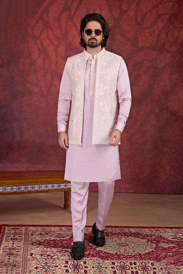 Lavender Function Wear Art Silk Readymade Kurta Pyjama With Jacket For Men