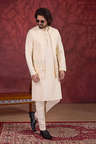 Cream Wedding Wear Art Silk Fabric Readymade Kurta And Aligadhi Pant For Men