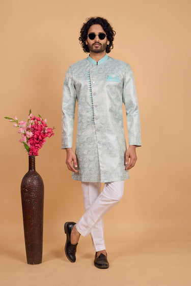 Light Cyan Wedding Wear Zari Weaving Work Design Readymade Indowestern And Aligadhi Pant For Men
