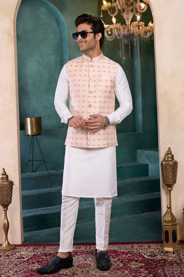 Jacquard Off White Men Readymade Kurta And Aligadhi Pant For Wedding Wear