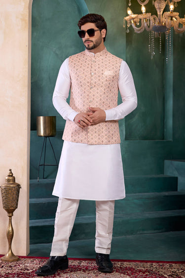 Jacquard Fabric Off White Wedding Wear Readymade Kurta And Aligadhi Pant For Men