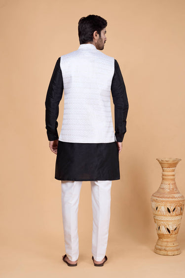 Art Silk Fabric Black Men Readymade Kurta And Aligadhi Pant With Embroidered Jacket