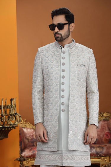 Art Silk Fabric Sky Blue Readymade Indo Western For Wedding Wear