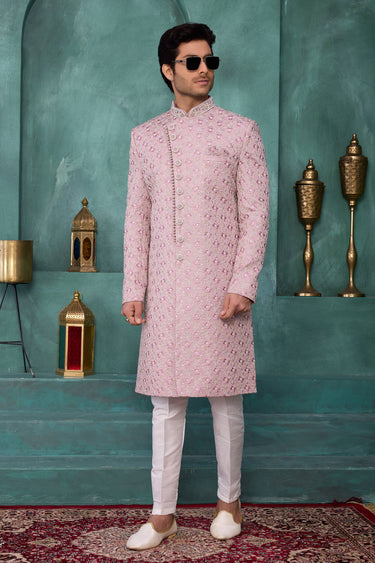 Pink Wedding Wear Art Silk Fabric Readymade Sherwani For Men