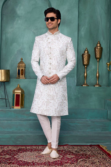 Art Silk Fabric White Wedding Wear Readymade Sherwani For Men
