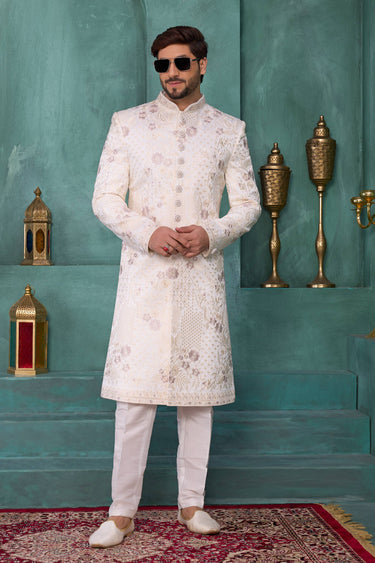 Beige Wedding Wear Art Silk Fabric Readymade Sherwani For Men