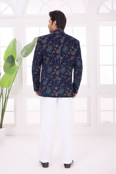 Velvet Fabric Navy Blue Readymade Jodhpuri Jacket For Wedding Wear