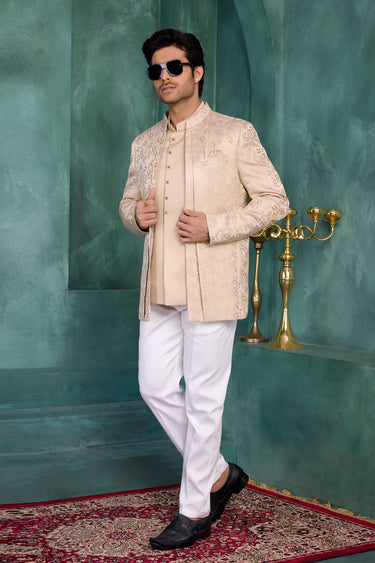 Jacquard Silk Peach Wedding Wear Readymade Jodhpuri Jacket