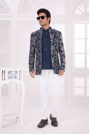 Navy Blue Wedding Wear Art Silk Readymade Jodhpuri Jacket