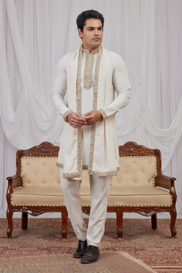 Fancy Fabric White Function Wear Readymade Kurta Pyjama With Dupatta For Men