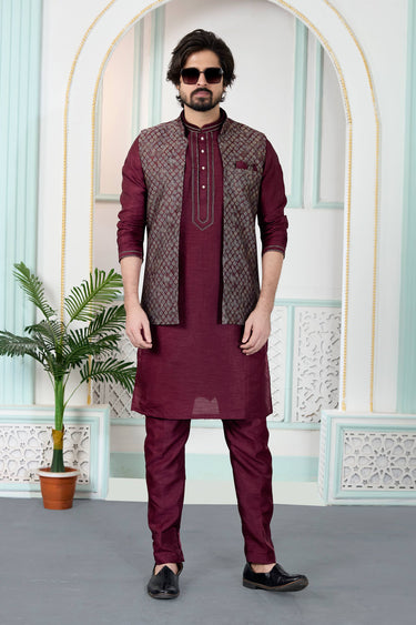 Maroon Wedding Wear Jacquard Readymade Kurta And Aligadhi Pant For Men