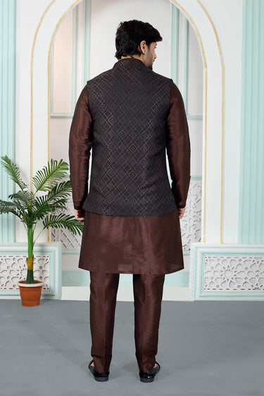 Brown Wedding Wear Jacquard Fabric Readymade Kurta And Aligadhi Pant For Men