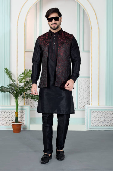Black Jacquard Fabric Wedding Wear Readymade Kurta And Aligadhi With Jacket For Men