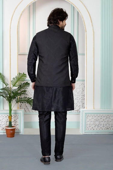 Jacquard Fabric Black Men Readymade Kurta And Aligadhi Pant With Jacket For Men
