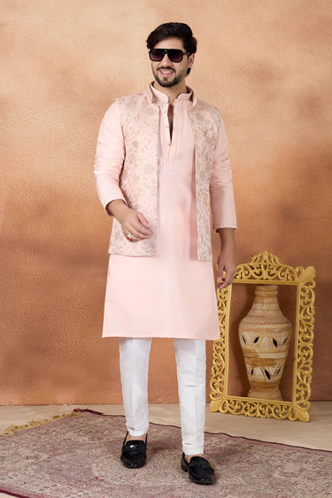 Beige Wedding Wear Jacquard Fabric Readymade Kurta And Aligadhi Pant For Men