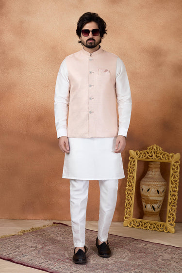 Jacquard Fabric Off White Men Readymade Kurta And Aligadhi Pant For Wedding Wear