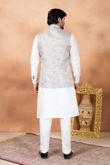 Beige Color Wedding Wear Jacquard Fabric Readymade Kurta And Aligadhi Pant For Men