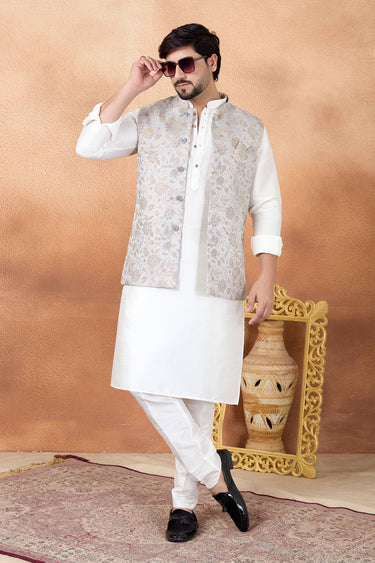 Beige Color Wedding Wear Jacquard Fabric Readymade Kurta And Aligadhi Pant For Men