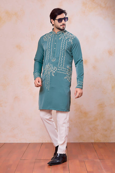 Teal Wedding Wear Fancy Fabric Embroidered Readymade Kurta With Aligadhi Pant For Men