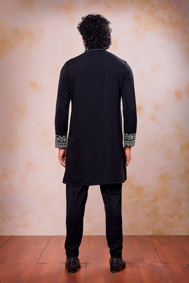 Black Wedding Wear Fancy Fabric Embroidered Readymade Kurta With Aligadhi Pant For Men