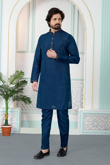 Art Silk Blue Function Wear Readymade Kurta Pyjama For Men