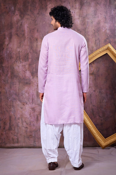 Embroidered Cotton Lavender Readymade Kurta With Patiyala Style Bottom For Men