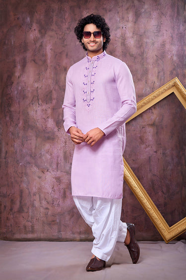 Embroidered Cotton Lavender Readymade Kurta With Patiyala Style Bottom For Men