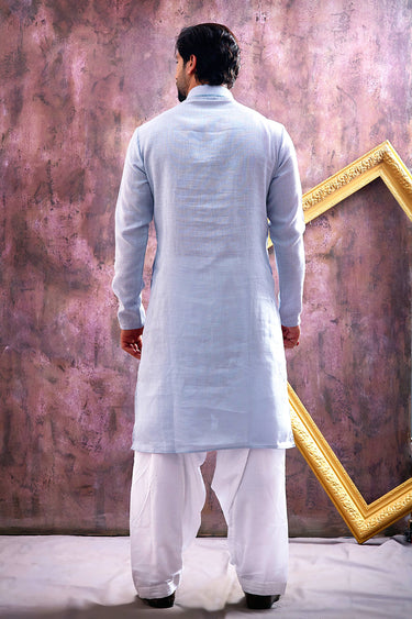 Sky Blue Sangeet Wear Cotton Readymade Kurta With Patiyala Style Bottom For Men
