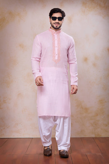 Embroidered Pink Sangeet Wear Readymade Kurta With Patiyala Style Bottom For Men
