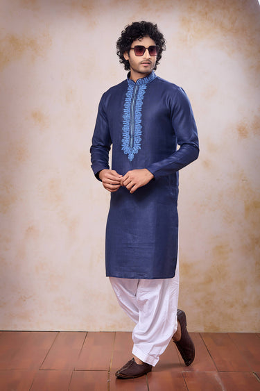 Navy Blue Sangeet Wear Cotton Readymade Kurta With Patiyala Style Bottom For Men