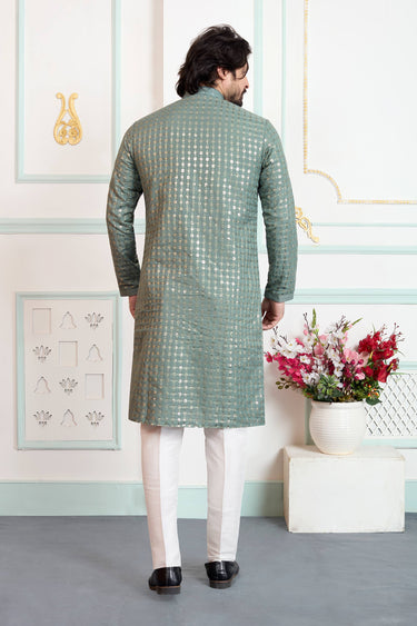 Art Silk Fabric Green Festive Wear Readymade Kurta With Aligadhi Pant For Men