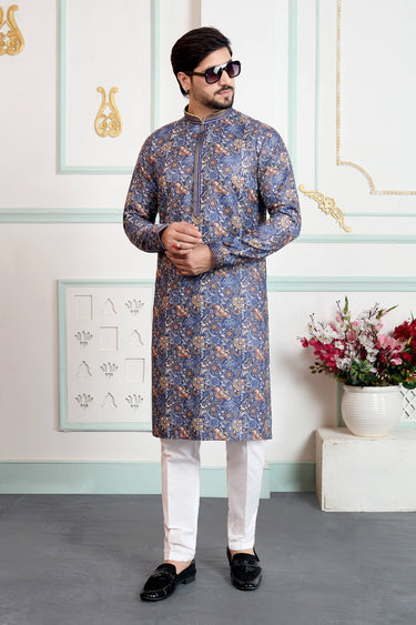 Blue Festive Wear Art Silk Fabric Readymade Kurta Pyjama For Men