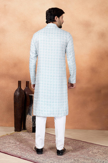 Art Silk Fabric Cyan Function Wear Readymade Kurta Pyjama For Men