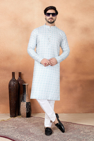 Art Silk Fabric Cyan Function Wear Readymade Kurta Pyjama For Men