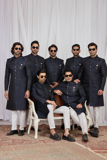 Navy Blue Wedding Wear Jacquard Fabric Readymade Indo Western For Men