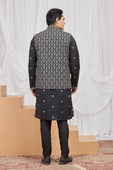 Black Sangeet Wear Art Silk Readymade Kurta Pyjama With Jacket For Men