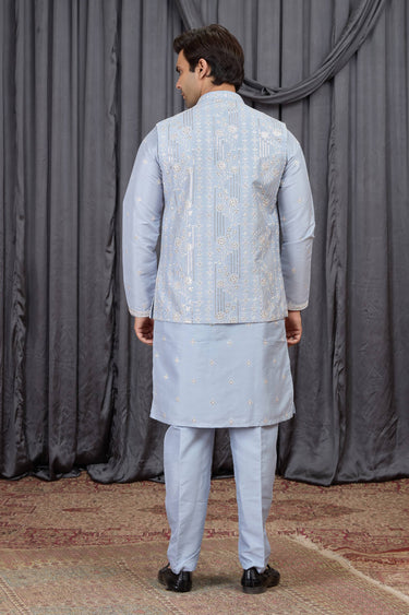 Embroidered Sky Blue Sangeet Wear Readymade Kurta Pyjama With Jacket For Men