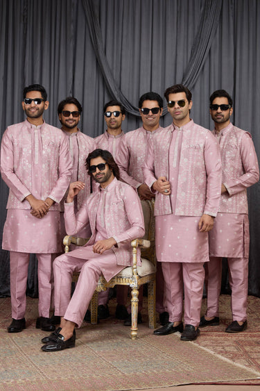 Pink Sangeet Wear Embroidered Readymade Kurta Pyjama With Jacket For Men