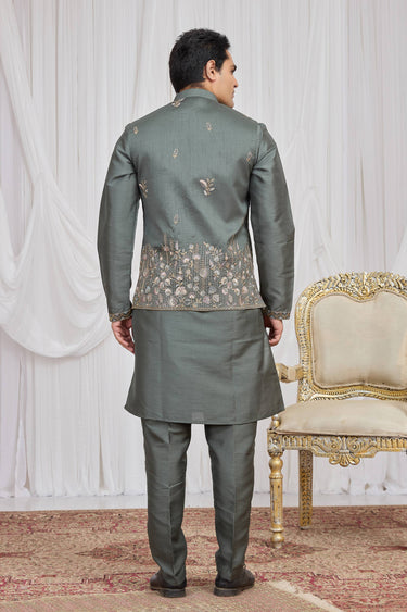 Art Silk Embroidered Grey Sangeet Wear Readymade Kurta Pyjama For Men