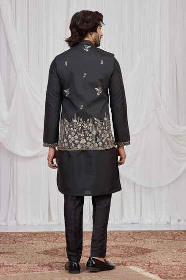 Embroidered Black Sangeet Wear Readymade Kurta Pyjama With Jacket For Men